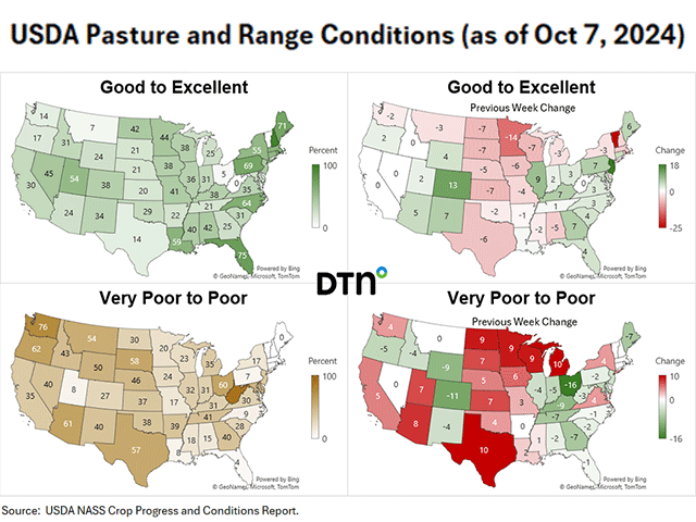 Changes in pasture and range conditions from the latest USDA Crop Progress data. Click on the image to enlarge the maps. (DTN Graphics by Kathy Myers)