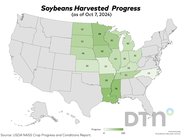 As of Sunday, the soybean harvest had reached 47% complete nationwide, 10 points ahead of last year&#039;s 37% and 13 points ahead of the five-year average of 34%, USDA NASS reported in its weekly Crop Progress report on Monday. (DTN graphic)