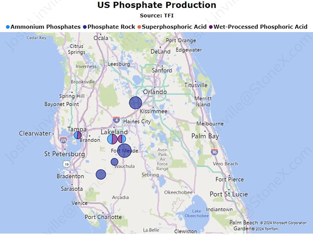 Much of Florida&#039;s phosphorus production facilities are located just east of Tampa and in the potential path of Hurricane Milton. (Graphic courtesy of Josh Linville/Stone X)