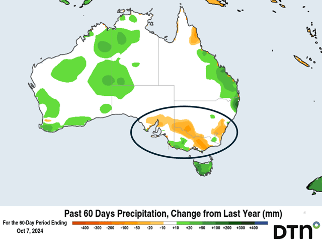 Southern Australia wheat areas have rainfall deficits of up to 8 inches less than last year in the past 60 days. (DTN graphic)