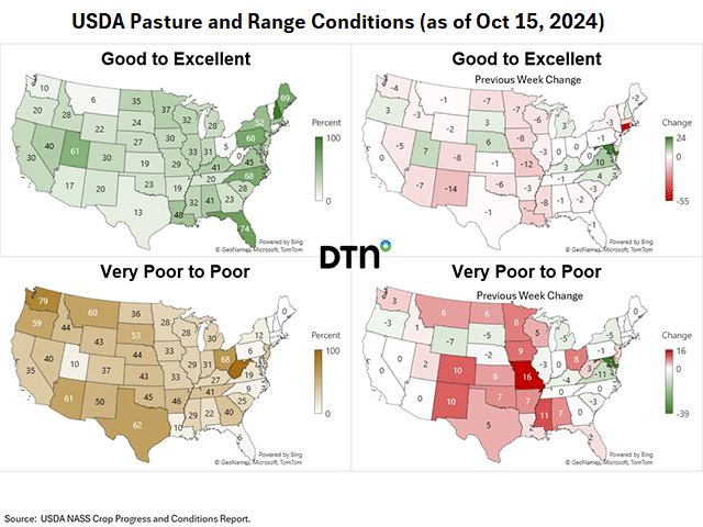 Changes in pasture and range conditions from latest USDA Crop Progress data. (DTN graphics by Kathy Myers)