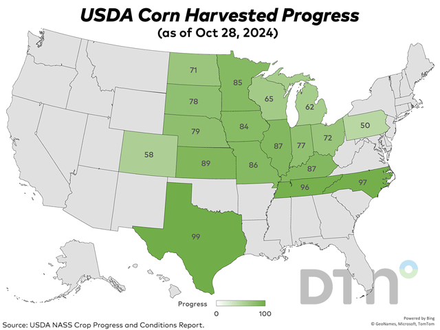 Corn harvest reached 81% complete nationally as of Sunday, according to USDA NASS&#039; weekly Crop Progress report. That was 13 points ahead of last year&#039;s 68% and 17 points ahead of the five-year average of 52%. Ohio&#039;s harvest was the furthest ahead of normal at 72% complete, 34 percentage points ahead of the state&#039;s five-year average of 38%. (DTN graphic)