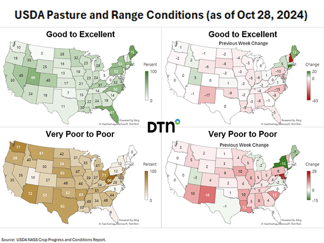 Changes in pasture and range conditions from latest USDA Crop Progress data. (DTN graphics by Kathy Myers)