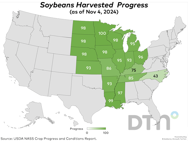 The U.S. soybean harvest moved ahead 5 percentage points to reach 94% complete as of Sunday, Nov. 3, according to USDA NASS. That was 5 points ahead of last year&#039;s 89% and 9 points ahead of the five-year average of 85%. (DTN graphic)