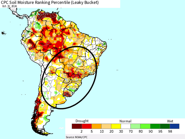 Soil moisture has improved across Argentina and Brazil during the last month, but there is still work to do to reverse the extreme drought from earlier in the season. (NOAA Climate Prediction Center graphic)