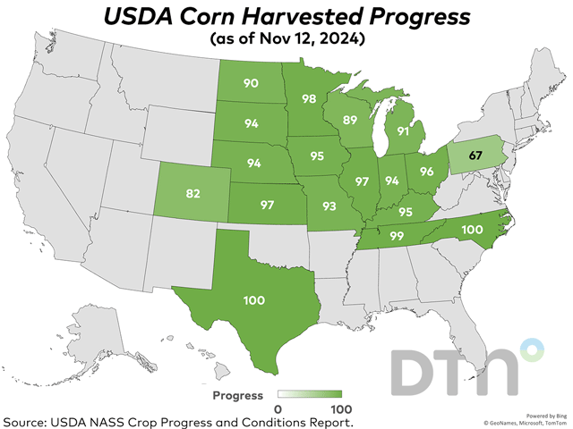 The U.S. corn harvest inched ahead 4 percentage points nationally last week to reach 95% complete as of Sunday. That was still 9 points ahead of last year&#039;s 86% and 11 points ahead of the five-year average of 52%. (DTN graphic)