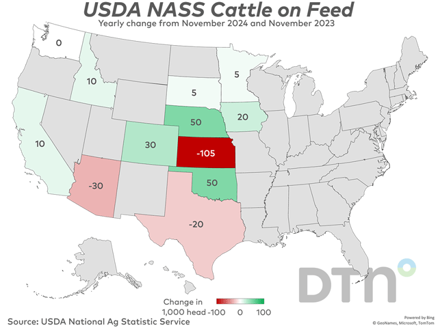 Cattle and calves on feed for the slaughter market in the U.S. for feedlots with capacity of 1,000 or more head totaled nearly 12.0 million head on Nov. 1, 2024, slightly above Nov. 1, 2023, USDA NASS reported on Friday. (DTN graphic)