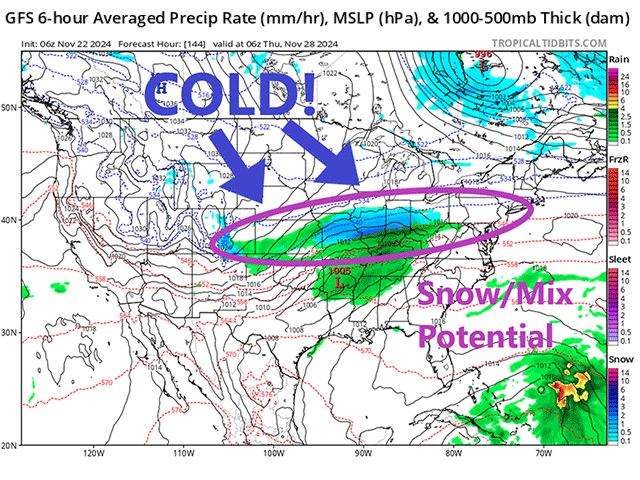 The forecast from the GFS model indicates some potential for a mix of frozen precipitation across the middle of the country in the Wednesday-Thursday timeframe and could mess with those traveling for Thanksgiving. (tropicaltidbits.com graphic)