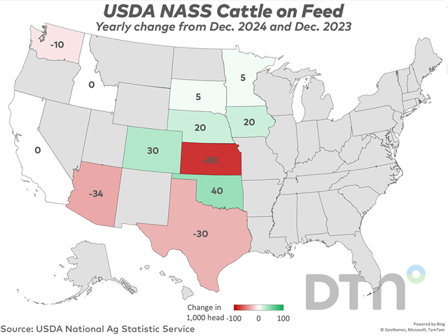 Cattle and calves on feed for the slaughter market in the U.S. for feedlots with capacity of 1,000 or more head totaled 12.0 million head on Dec. 1, 2024, slightly below Dec. 1, 2023, USDA NASS reported on Friday. (DTN graphic)