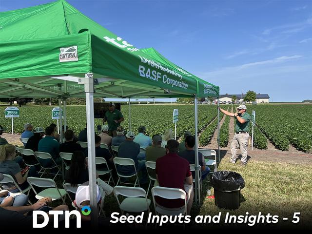 Farmers attend a BASF field day event in Illinois during the 2025 season. The largest seed and trait providers are working to deliver tools to tackle agronomic challenges and drive productivity. (DTN/Progressive Farmer photo by Pamela Smith) 
