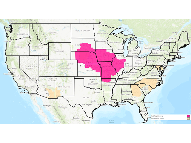 Red Flag Warnings, highlighted in pink, extend through a large chunk of the Central U.S. Friday, Feb. 28. (National Weather Service image)
