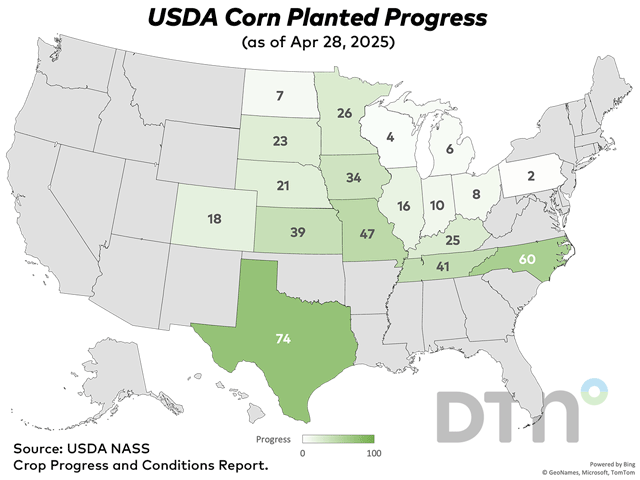 This map shows corn planting progress by state, according to USDA NASS estimates released Monday. (DTN graphic by Kathy Myers)