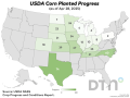 This map shows corn planting progress by state, according to USDA NASS estimates released Monday. (DTN graphic by Kathy Myers)