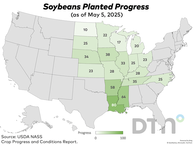 This map shows soybean planting progress by state, according to USDA NASS estimates released Monday. (DTN graphic by Kathy Myers)