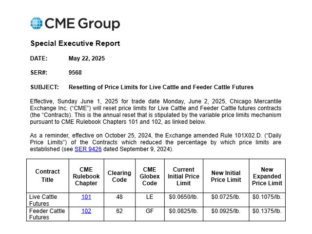The CME has expanded the daily price limits for both the live cattle and feeder cattle contracts, according to a CME Executive Report. (DTN screenshot of CME report)