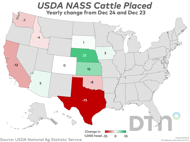 Cattle placements in feedlots during December 2024 totaled 1.64 million head, 3% below December 2023. Net placements were 1.58 million head. (DTN graphic)