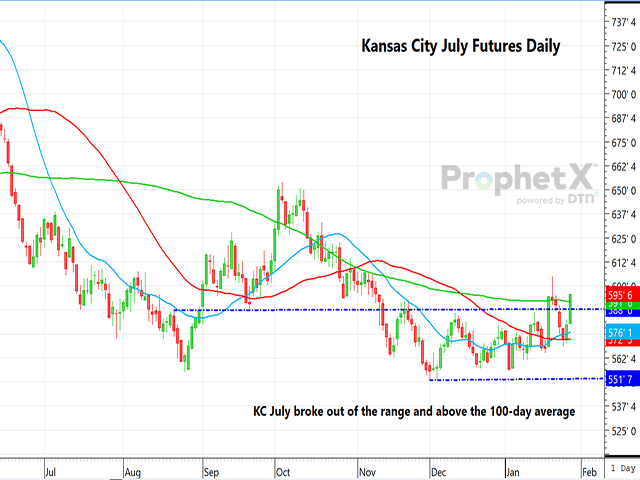 This is a daily chart of KC July wheat futures showing the potential bullish chart pattern. (DTN ProphetX chart by Dana Mantini)