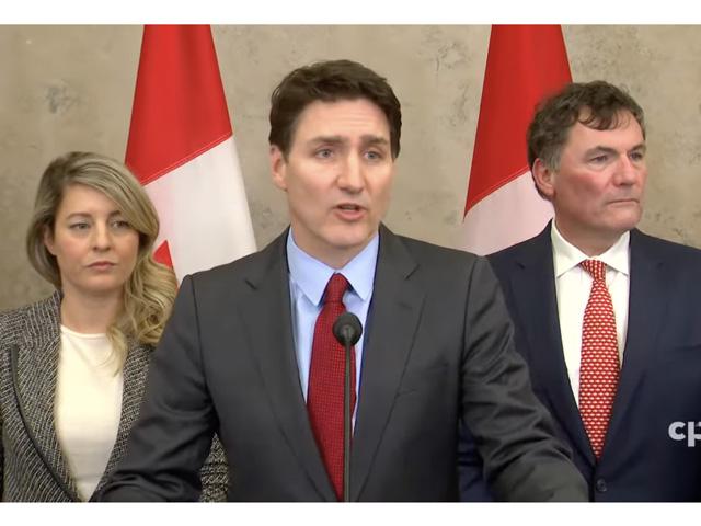 Media livestreamed the late-night announcement made by Canadian Prime Minister Justin Trudeau (center) on Feb. 1 announcing Canada&#039;s response to U.S. tariffs that were announced earlier that day. (Screenshot of CPAC livestream video)