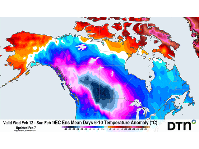A big burst of arctic cold will move through the Canadian Prairies next week, but below-normal temperatures are likely to stick around the region throughout February. (DTN graphic)
