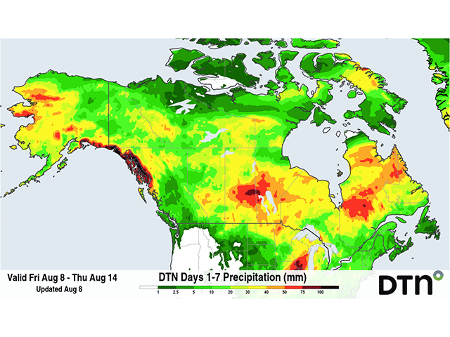 Across central Saskatchewan, rainfall totals through the middle of next week could approach 40-60 millimeters (1.6-2.4 inches). (DTN graphic)