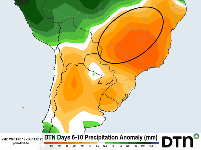 Precipitation is expected to be below average for the main growing areas of central Brazil next week, which would be beneficial for fieldwork. (DTN image)