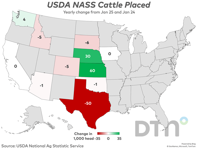 Placements in U.S. feedlots during January totaled 1.82 million head, 2% above 2024. This chart shows the yearly change in placements by state from January 2024 to January 2025. (DTN graphic)
