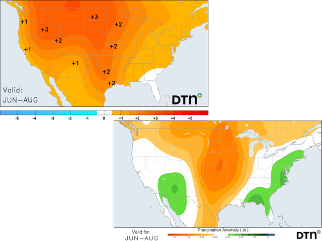 The summer forecast does not favor crop development for much of the United States. (DTN graphics) 