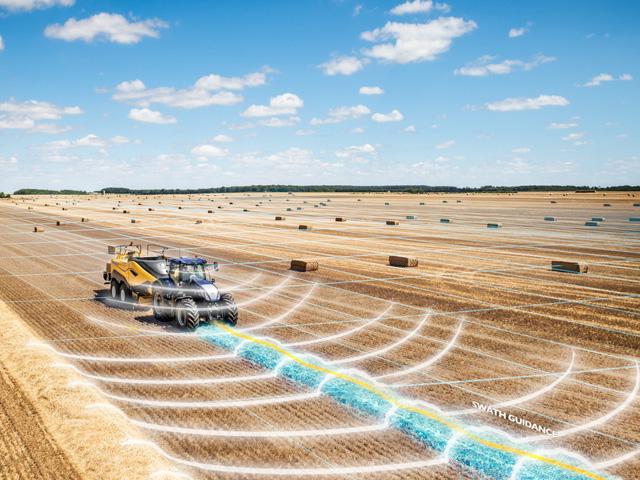 This photo illustration depicts New Holland&#039;s IntelliSense Bale Automation with LiDAR (light detection and ranging) technology. Installed on the tractor cab roof, LiDAR emits laser pulses to calculate distance. LiDAR forecasts swath position and shapes by reading it out 19-26 feet ahead of the tractor, even in low-light or night-time conditions, adjusting forward speed and steering inputs. (Photo illustration courtesy of New Holland)