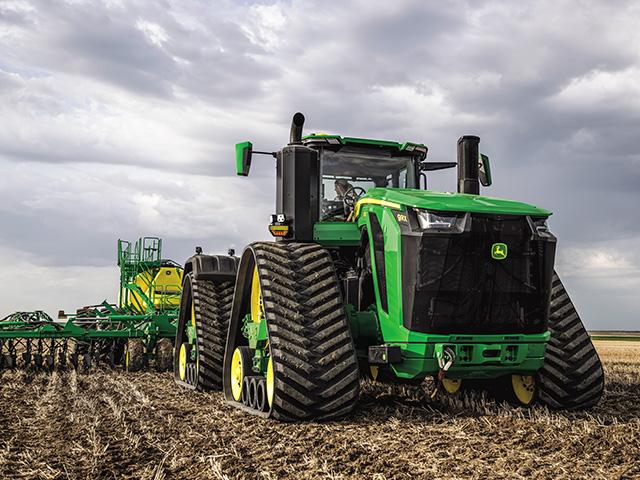 Deere's newest and largest 9RX models--710, 770 and 830 hp -- won an AE50 innovation award for its JD18 engine with exhaust-gas recirculation technology, eliminating the need for diesel exhaust fluid. (Photo courtesy of John Deere)