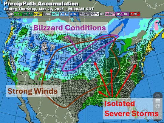 Another strong storm will bring multiple hazards to the United States this Tuesday through Thursday. (DTN graphic)