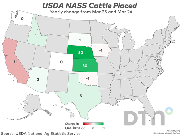 This chart shows the change in cattle placements from March 2024 to March 2025 by state. (Source: USDA; Maps by Kathy Myers)