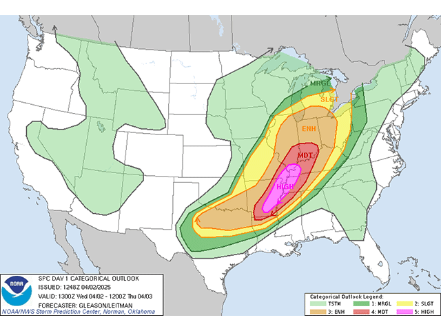 The Storm Prediction Center does not issue High Risks for severe weather very often. This is the second one for 2025 as the agency expects a tornado outbreak this afternoon and evening from the southern Ozarks to the southern Midwest. (SPC graphic)