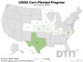 This map shows corn planting progress by state, according to USDA NASS estimates released Monday. (DTN graphic by Kathy Myers)