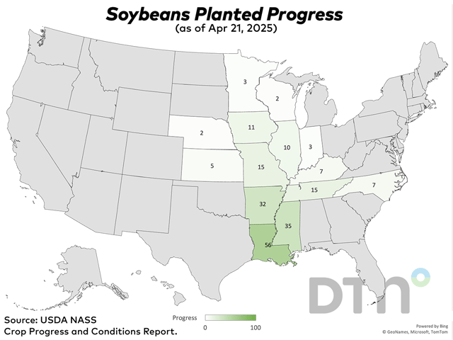 This map shows soybean planting progress by state, according to USDA NASS estimates released Monday. (DTN graphic by Kathy Myers)
