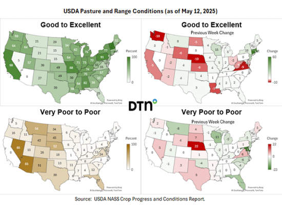 The first comparison of pasture and range conditions for 2025 shows drought continuing in parts of the High Plains and Southwest. (DTN graphics by Kathy Myers)