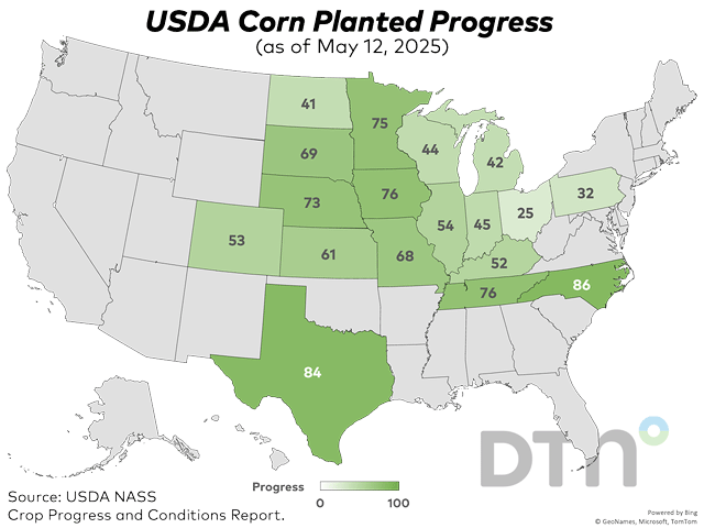 This map shows corn planting progress by state, according to USDA NASS estimates released Monday. (DTN graphic by Kathy Myers)