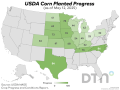 This map shows corn planting progress by state, according to USDA NASS estimates released Monday. (DTN graphic by Kathy Myers)