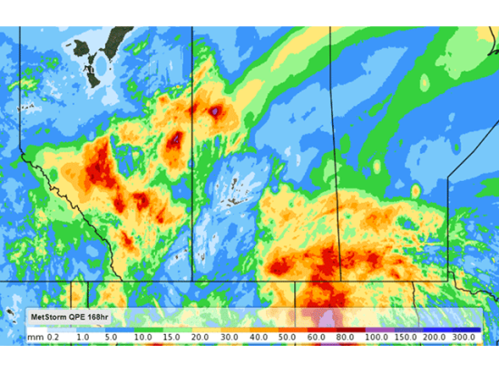 Moderate to heavy rain fell over most of the Canadian Prairies over the last week. Some spots in western Saskatchewan and southeast Alberta missed out. (DTN graphic)