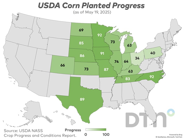 This map shows corn planting progress by state, according to USDA NASS estimates released Monday. (DTN graphic by Kathy Myers)
