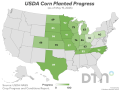 This map shows corn planting progress by state, according to USDA NASS estimates released Monday. (DTN graphic by Kathy Myers)
