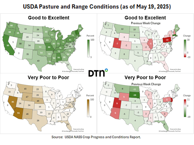 Pasture and range conditions this week show drought continuing in areas of the Southwest and persisting in Nebraska. (DTN graphics by Kathy Myers)