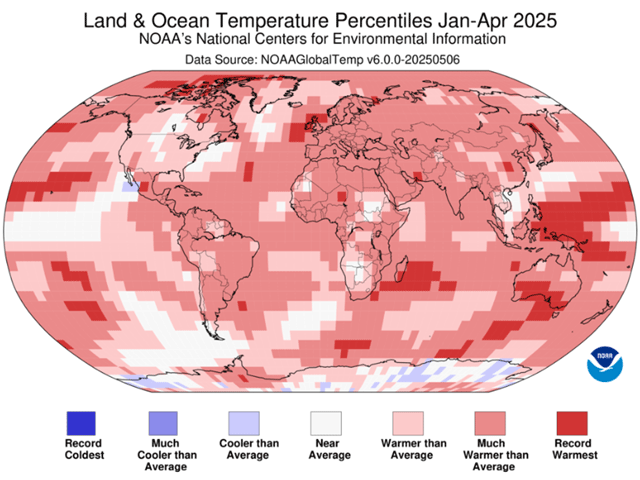 Temperatures that were either much higher than average or record-high covered most of the world during the period from January through April 2025. (NOAA/NCEI graphic)