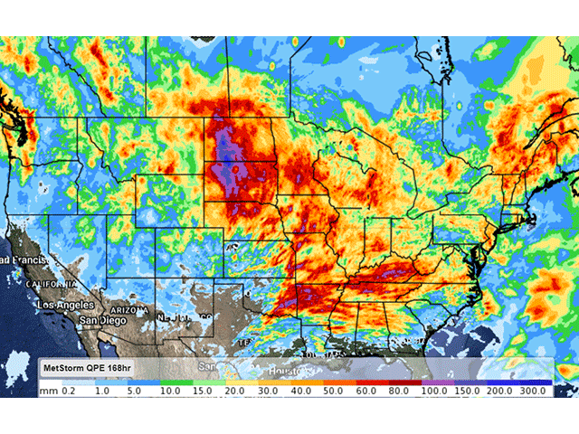 Total rainfall in the week ended 7 a.m. CDT Wednesday, May 21, shows widespread heavy amounts across the vast majority of the Corn Belt. In general, areas in yellow recorded over one inch, red areas over two inches, and areas in purple over four inches. (DTN graphic)