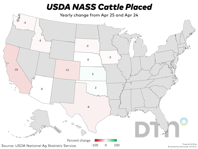 Percentage change in the number of cattle placed by state from April 2024 to April 2025. (Source: USDA; Map by Kathy Myers)