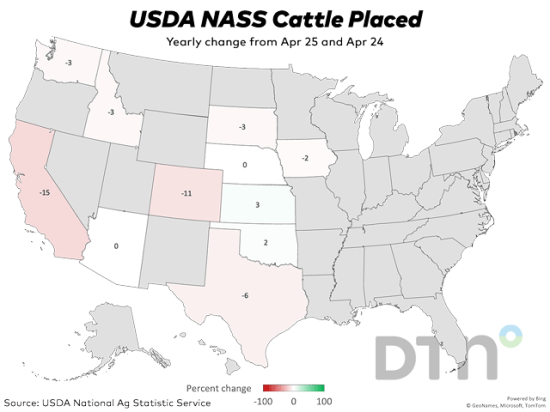 Percentage change in the number of cattle placed by state from April 2024 to April 2025. (Source: USDA; Map by Kathy Myers)
