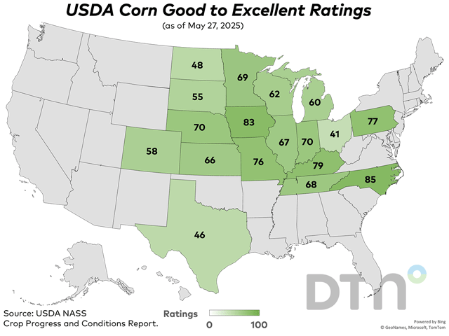 This map shows corn condition ratings by state, according to USDA NASS estimates released Tuesday. (DTN graphic by Kathy Myers)