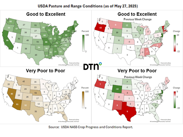 Pasture and range conditions this week show areas of concern are still in the Southwest and South, as well as in Nebraska. (DTN graphics by Kathy Myers)