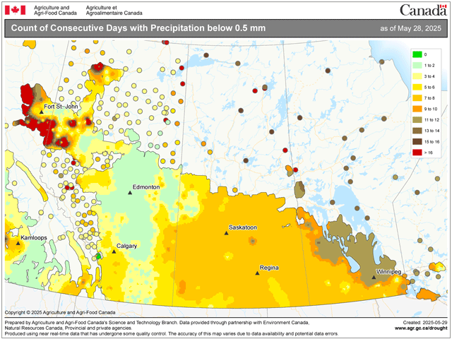 Plenty of areas in Saskatchewan and Manitoba have gone more than a week without rainfall and need some moisture quickly as seeding has mostly finished in the region. (Agriculture and Agri-Food Canada graphic)