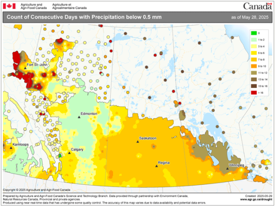Plenty of areas in Saskatchewan and Manitoba have gone more than a week without rainfall and need some moisture quickly as seeding has mostly finished in the region. (Agriculture and Agri-Food Canada graphic)