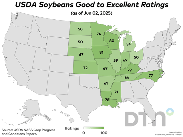 This map shows soybean condition ratings by state, according to USDA NASS estimates released Monday. (DTN graphic by Kathy Myers)
